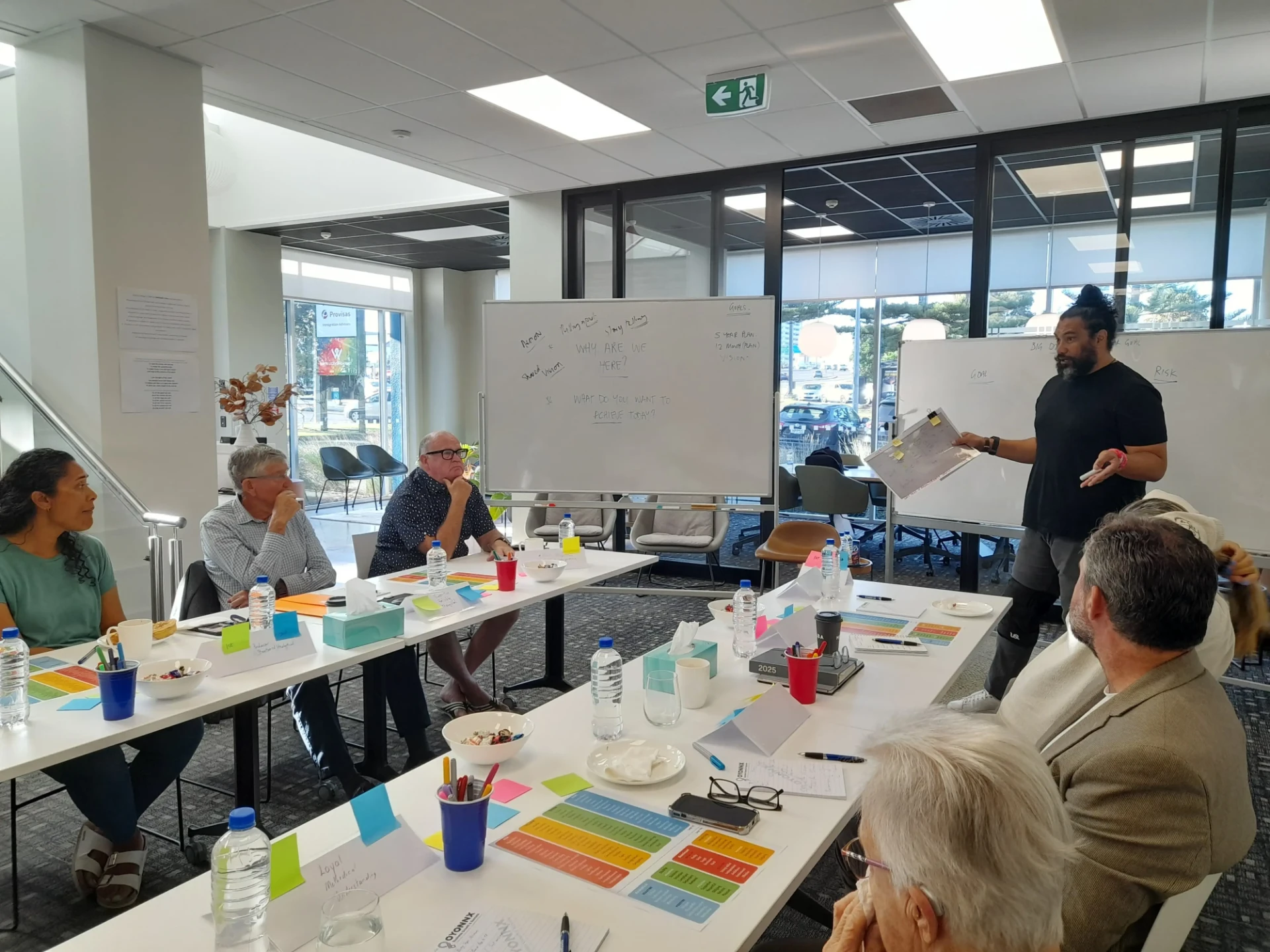An Oyonnx strategy session in progress, with a facilitator at the whiteboard and business owners working through their goals.