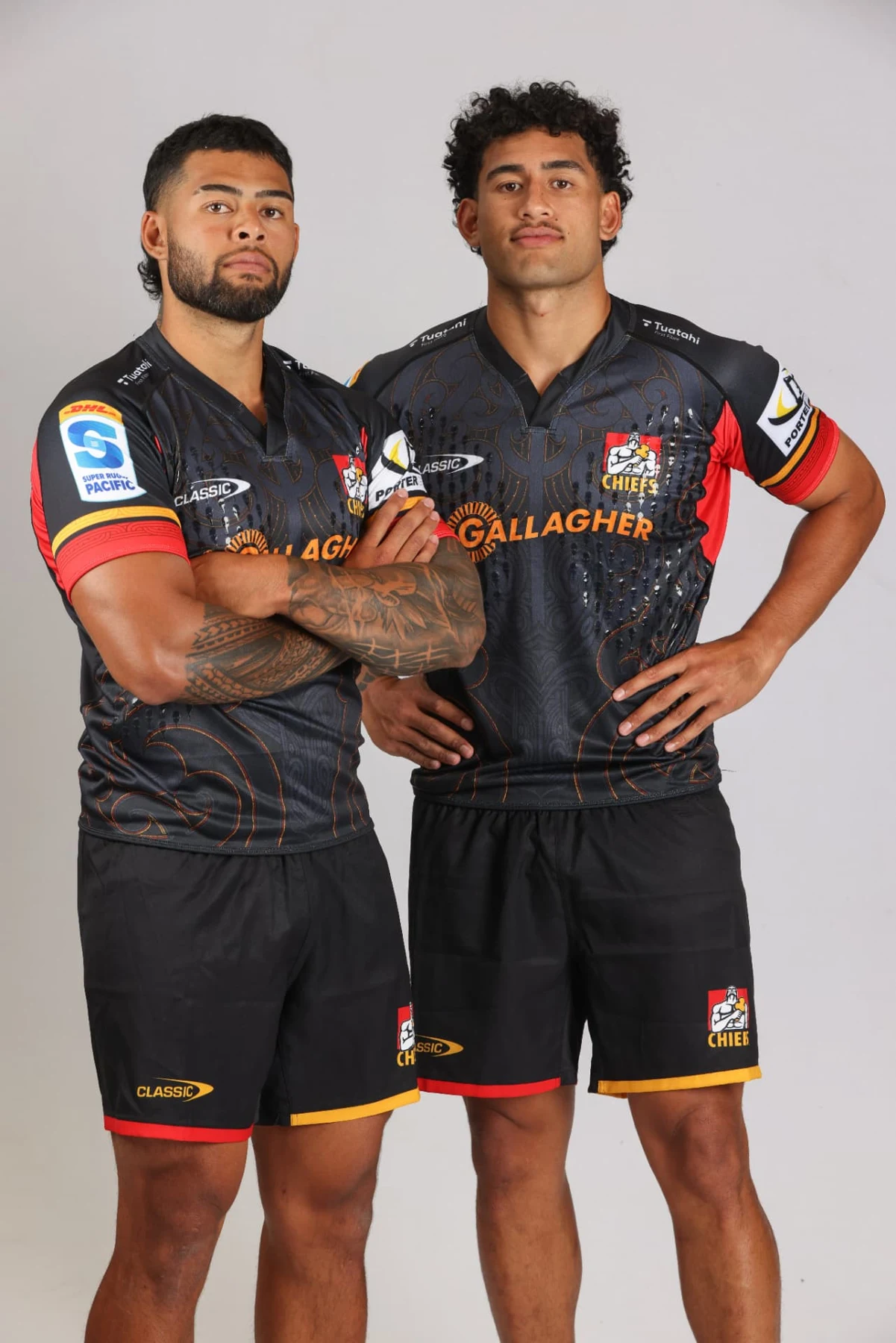Gideon and Malachi Wrampling, founders of YoungBucks Garden Care, in Chiefs rugby jerseys
